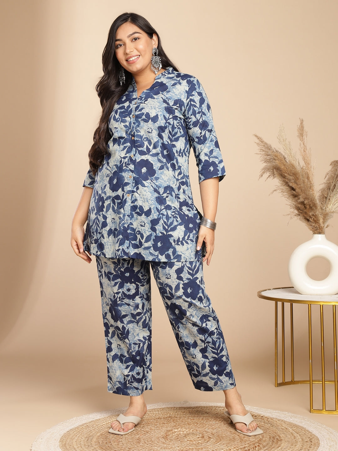 Janasya Dark Cotton Floral A-Line Top & Bottom Set | Grocsy