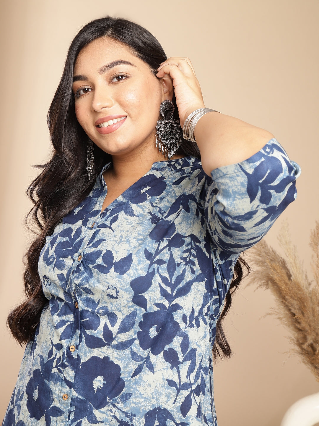 Janasya Dark Cotton Floral A-Line Top & Bottom Set | Grocsy