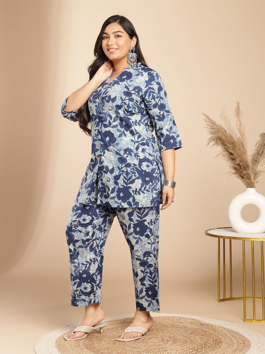 Janasya Dark Cotton Floral A-Line Top & Bottom Set | Grocsy