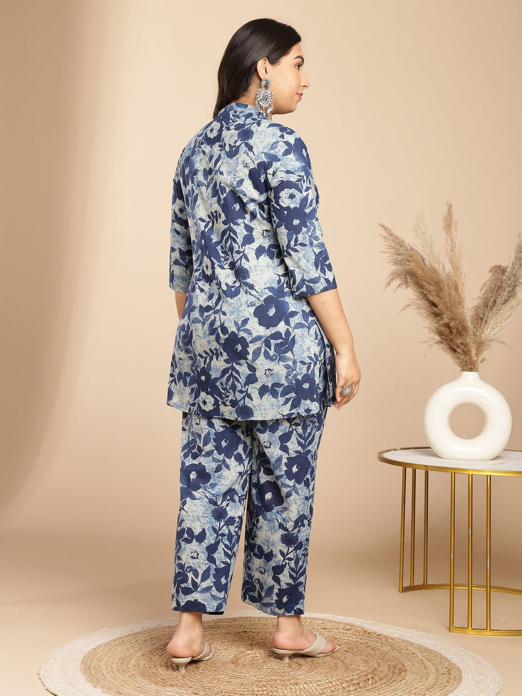 Janasya Dark Cotton Floral A-Line Top & Bottom Set | Grocsy