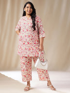 Janasya A-Line Cambric Cream Floral Notch Neck Co-Ords | Grocsy