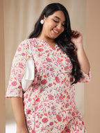 Janasya A-Line Cambric Cream Floral Notch Neck Co-Ords | Grocsy