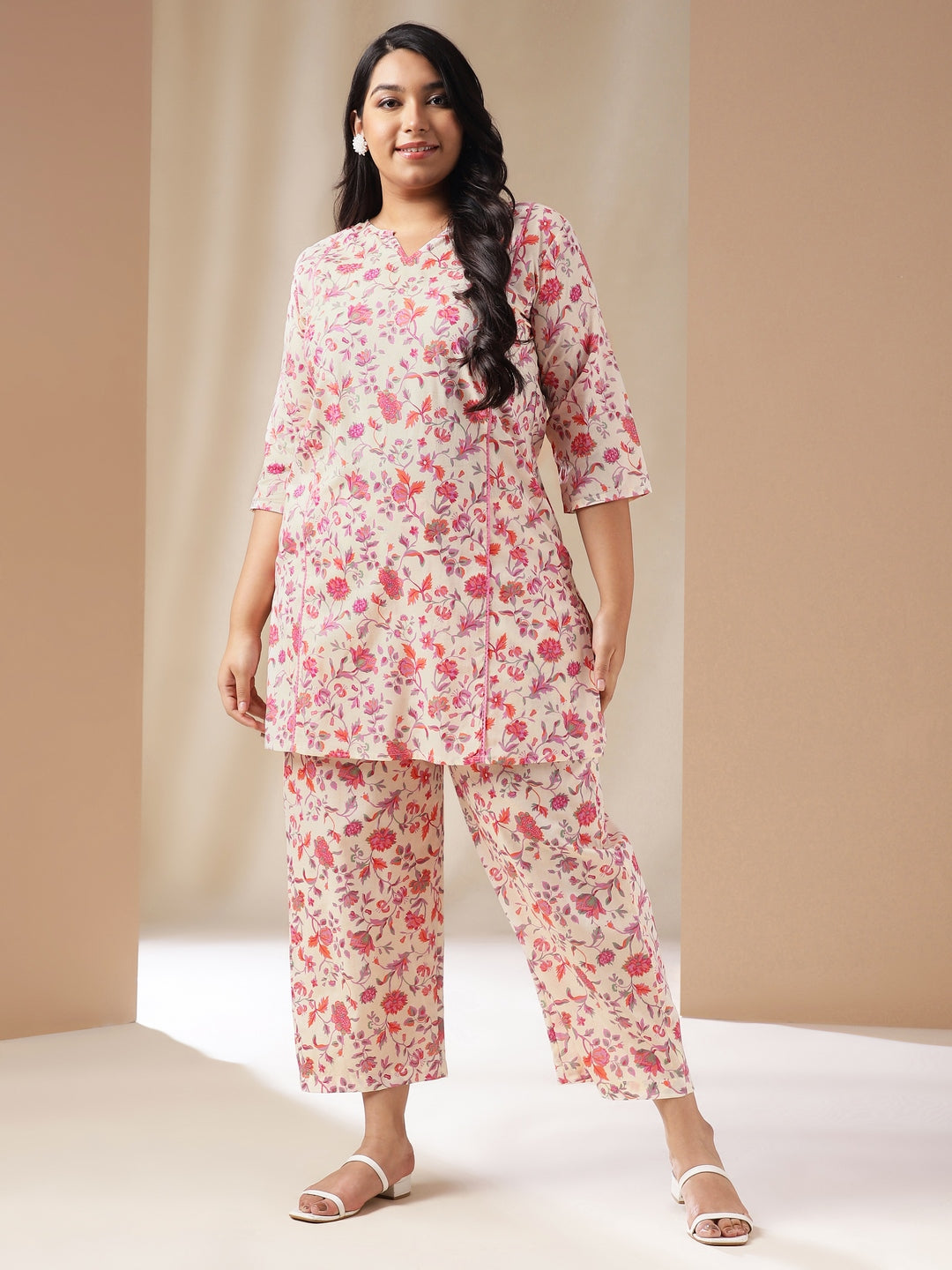 Janasya A-Line Cambric Cream Floral Notch Neck Co-Ords | Grocsy