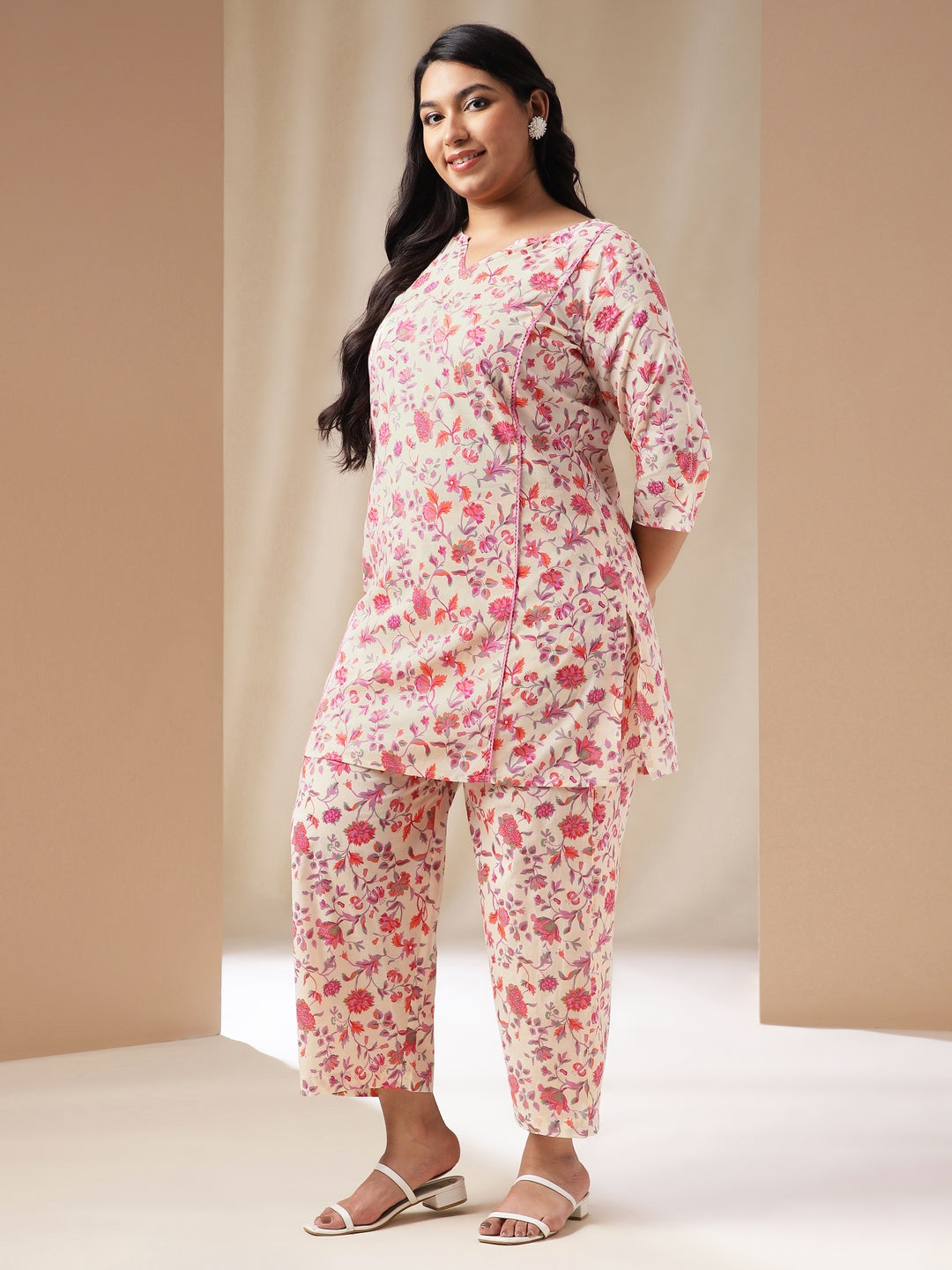 Janasya A-Line Cambric Cream Floral Notch Neck Co-Ords | Grocsy