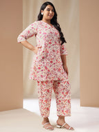 Janasya A-Line Cambric Cream Floral Notch Neck Co-Ords | Grocsy