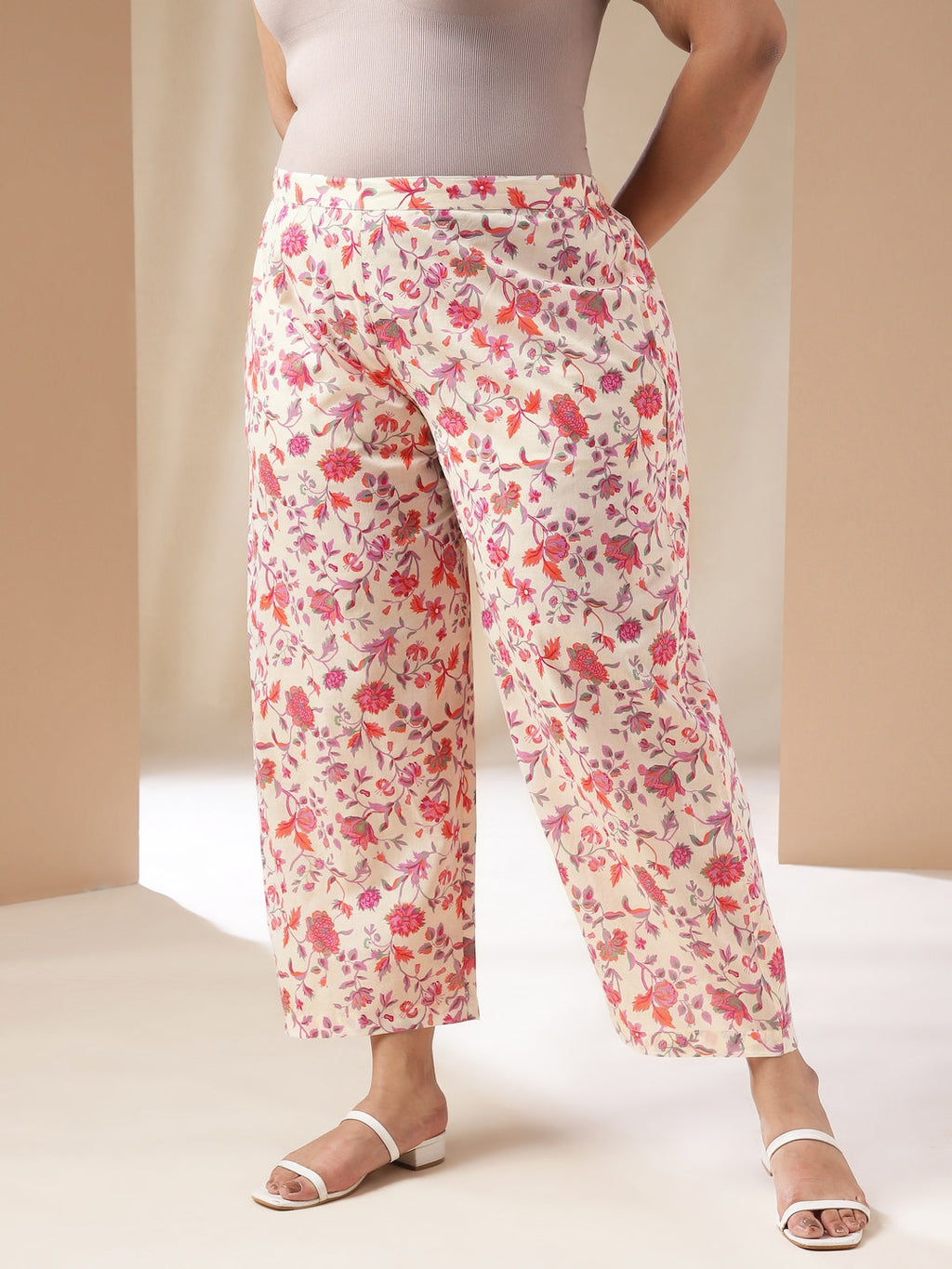 Janasya A-Line Cambric Cream Floral Notch Neck Co-Ords | Grocsy