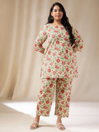 Janasya A-Line Cambric Off White Floral Round Neck Co-Ords | Grocsy