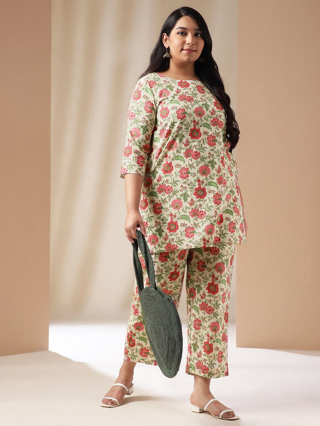 Janasya A-Line Cambric Off White Floral Round Neck Co-Ords | Grocsy