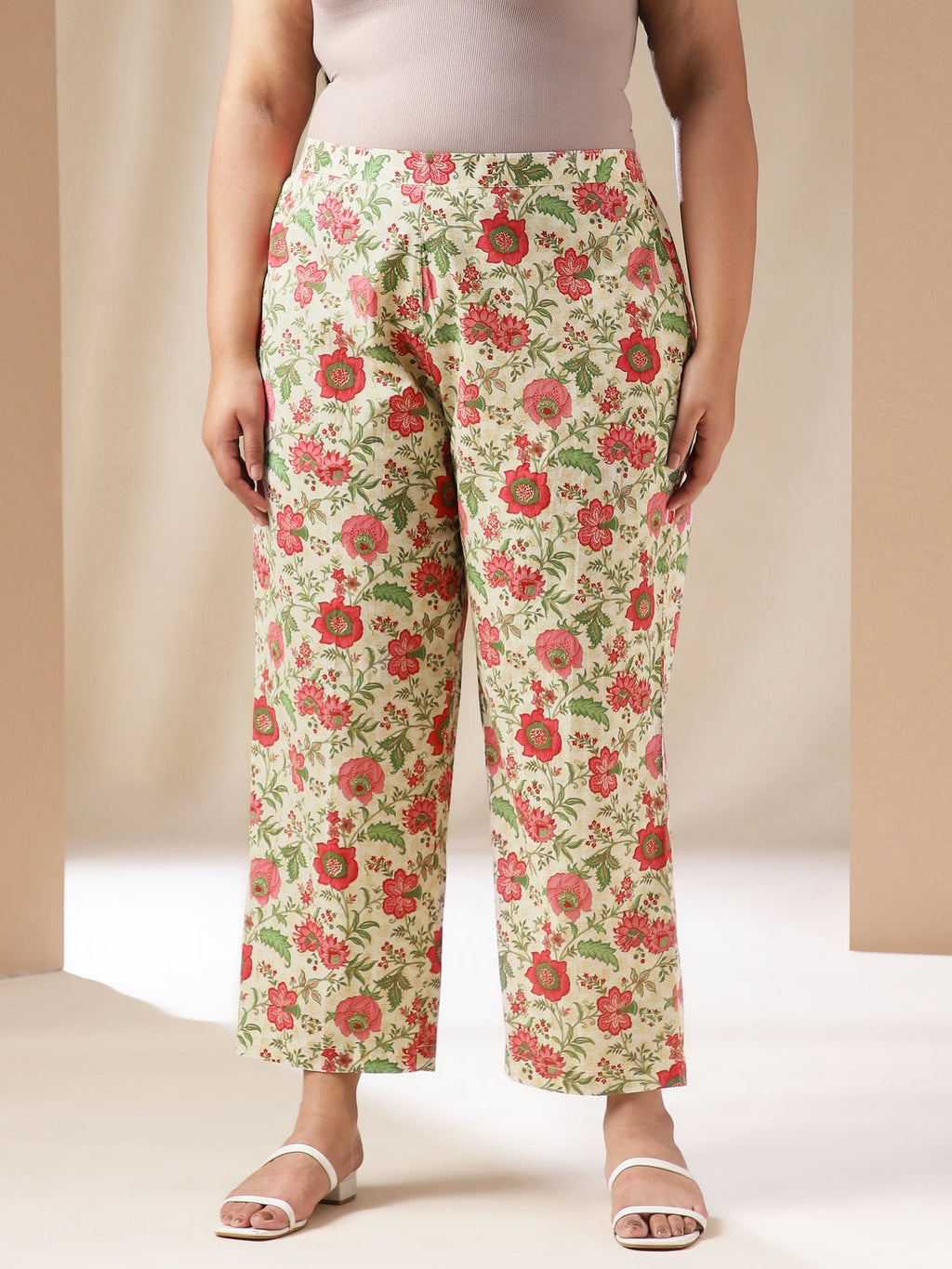 Janasya A-Line Cambric Off White Floral Round Neck Co-Ords | Grocsy