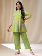 Janasya A-Line Cambric Lime Green Ethnic Motifs Band Collar Co-Ords | Grocsy