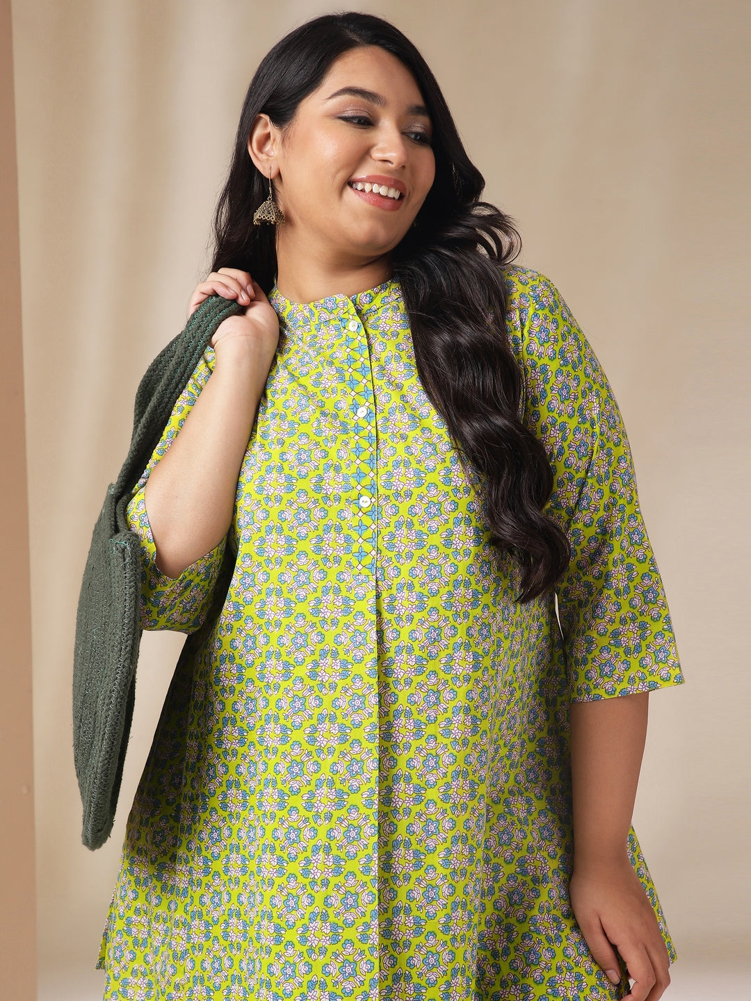 Janasya A-Line Cambric Lime Green Ethnic Motifs Band Collar Co-Ords | Grocsy