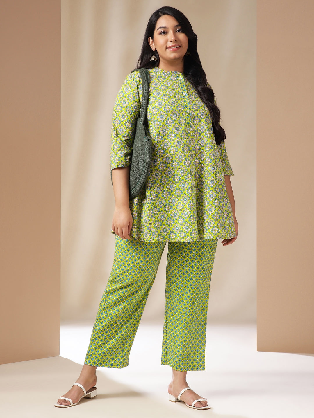 Janasya A-Line Cambric Lime Green Ethnic Motifs Band Collar Co-Ords | Grocsy