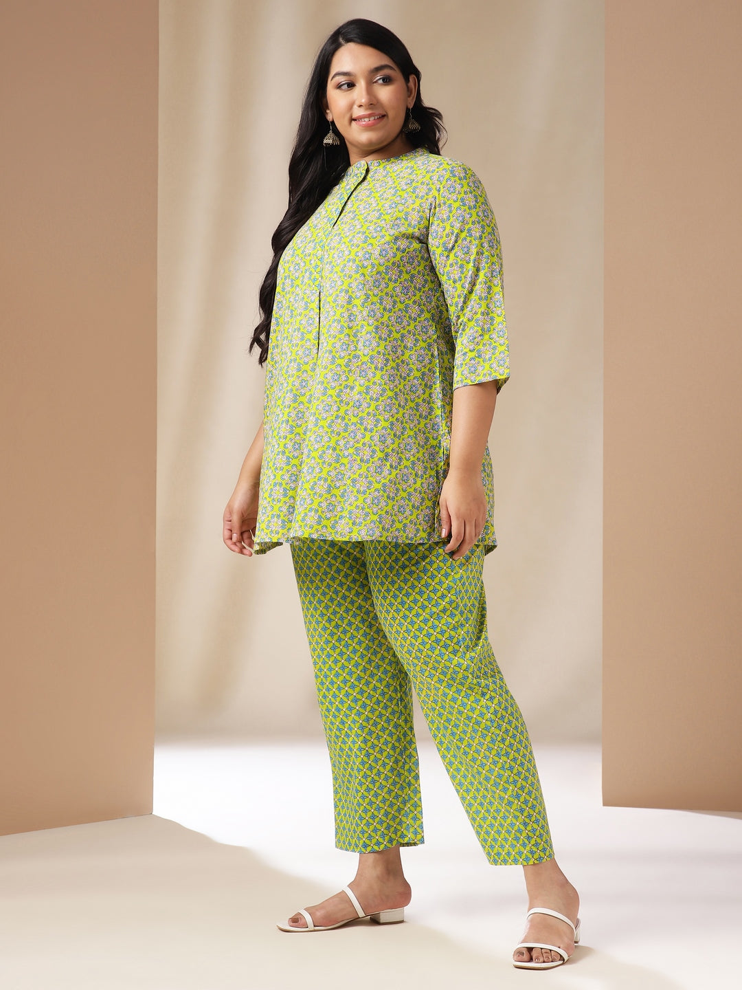 Janasya A-Line Cambric Lime Green Ethnic Motifs Band Collar Co-Ords | Grocsy