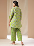 Janasya A-Line Cambric Lime Green Ethnic Motifs Band Collar Co-Ords | Grocsy