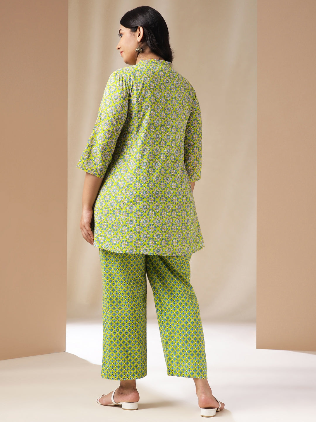 Janasya A-Line Cambric Lime Green Ethnic Motifs Band Collar Co-Ords | Grocsy