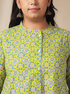 Janasya A-Line Cambric Lime Green Ethnic Motifs Band Collar Co-Ords | Grocsy