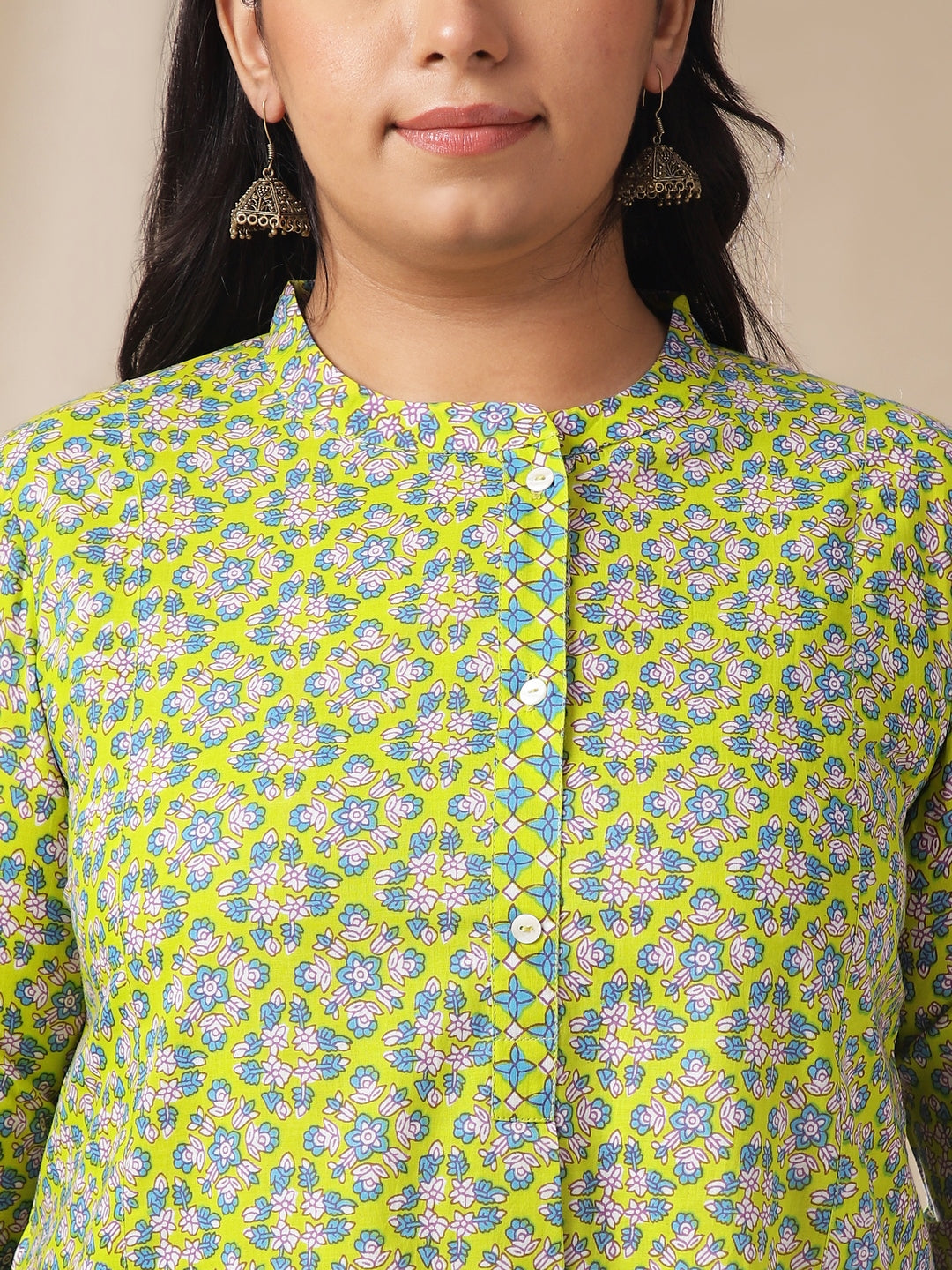 Janasya A-Line Cambric Lime Green Ethnic Motifs Band Collar Co-Ords | Grocsy