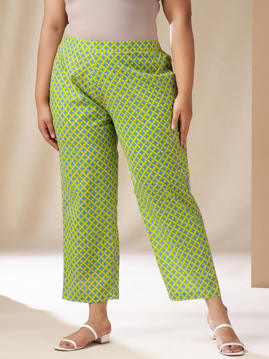 Janasya A-Line Cambric Lime Green Ethnic Motifs Band Collar Co-Ords | Grocsy