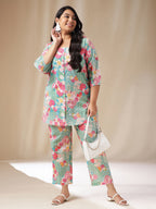 Janasya A-Line Cambric Aqua Ethnic Motifs Square Neck Co-Ords | Grocsy