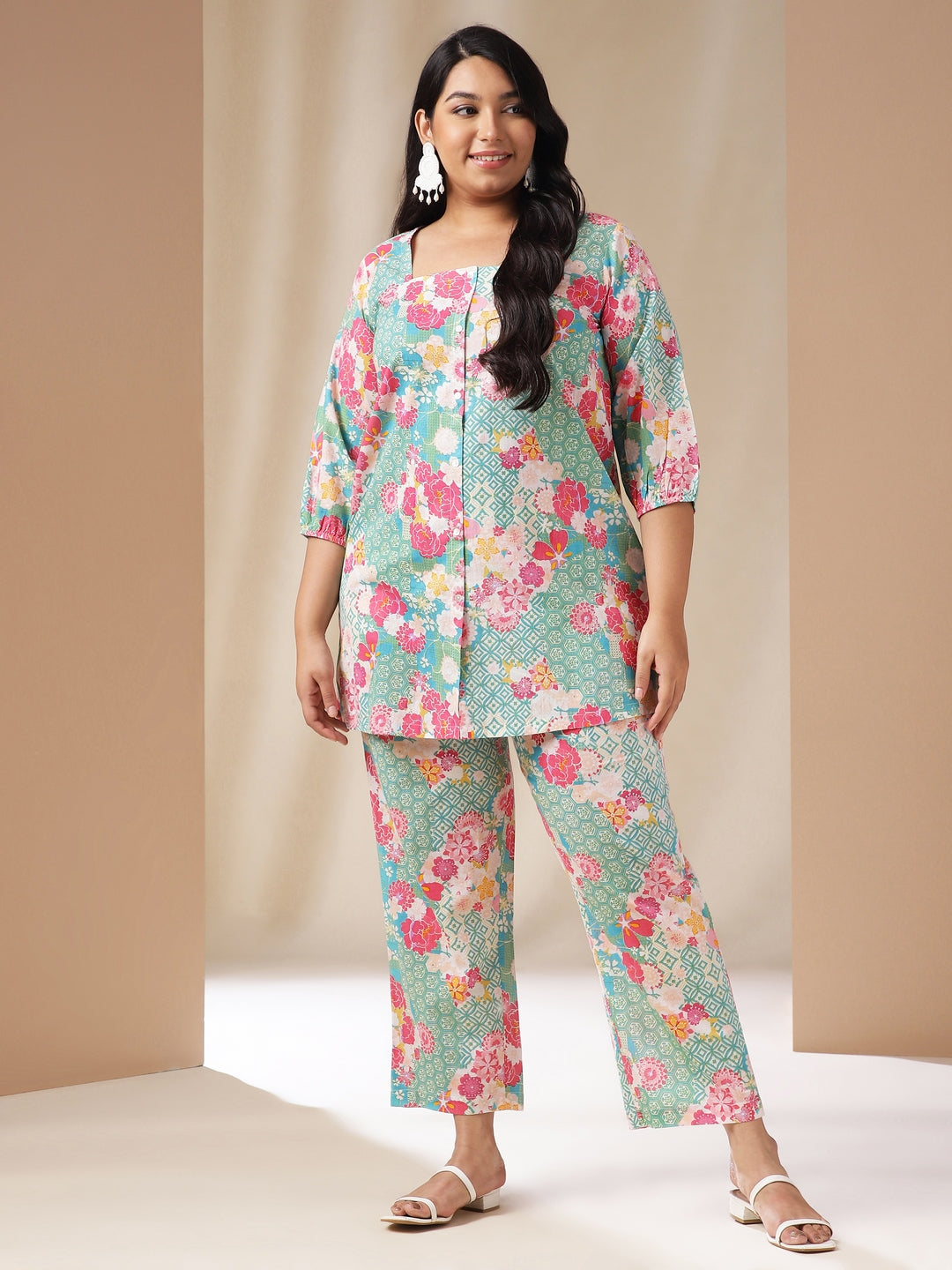 Janasya A-Line Cambric Aqua Ethnic Motifs Square Neck Co-Ords | Grocsy