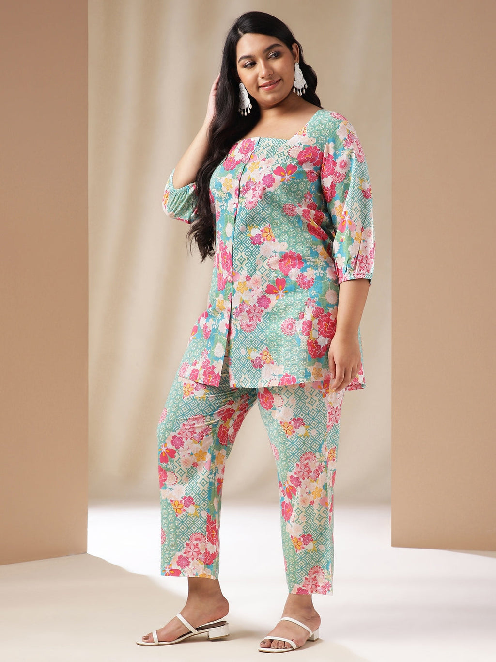 Janasya A-Line Cambric Aqua Ethnic Motifs Square Neck Co-Ords | Grocsy