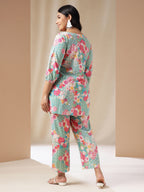 Janasya A-Line Cambric Aqua Ethnic Motifs Square Neck Co-Ords | Grocsy