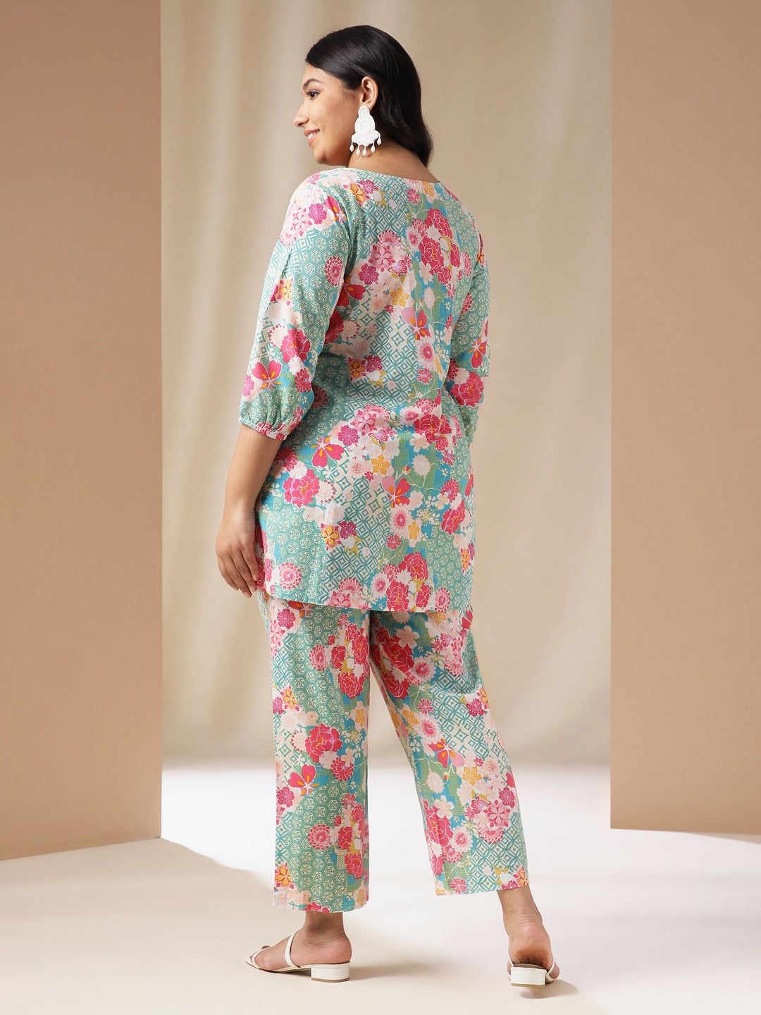 Janasya A-Line Cambric Aqua Ethnic Motifs Square Neck Co-Ords | Grocsy