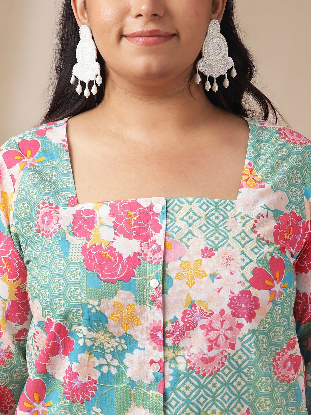 Janasya A-Line Cambric Aqua Ethnic Motifs Square Neck Co-Ords | Grocsy