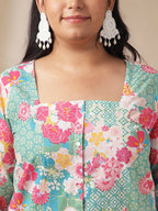 Janasya A-Line Cambric Aqua Ethnic Motifs Square Neck Co-Ords | Grocsy