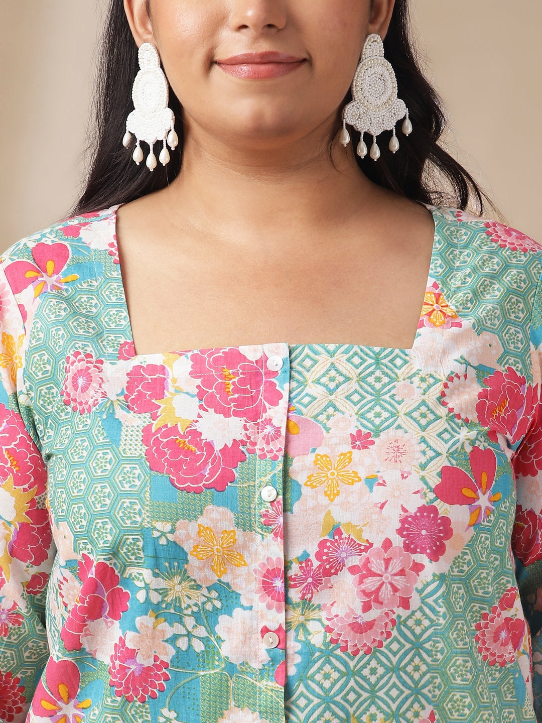 Janasya A-Line Cambric Aqua Ethnic Motifs Square Neck Co-Ords | Grocsy