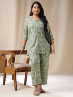 Janasya Straight Cambric Sage Ethnic Motifs V-Neck Co-Ords | Grocsy