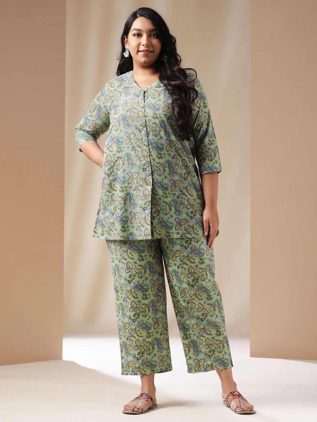 Janasya Straight Cambric Sage Ethnic Motifs V-Neck Co-Ords | Grocsy