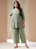 Janasya Straight Cambric Sage Ethnic Motifs V-Neck Co-Ords | Grocsy