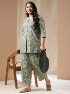 Janasya Straight Cambric Sage Ethnic Motifs V-Neck Co-Ords | Grocsy