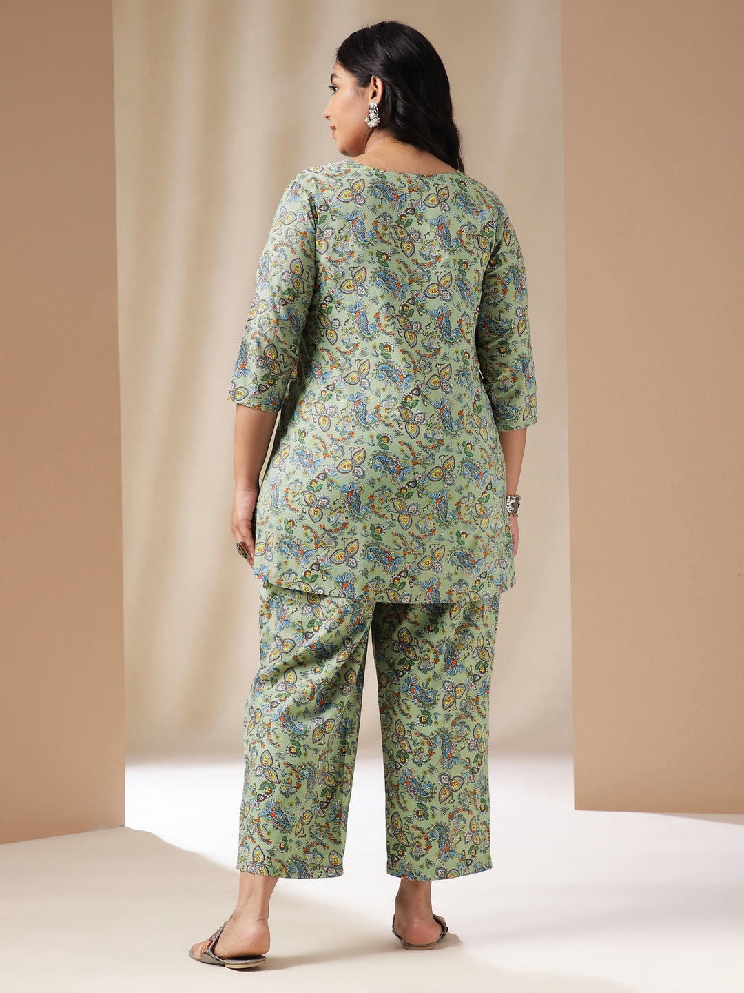 Janasya Straight Cambric Sage Ethnic Motifs V-Neck Co-Ords | Grocsy