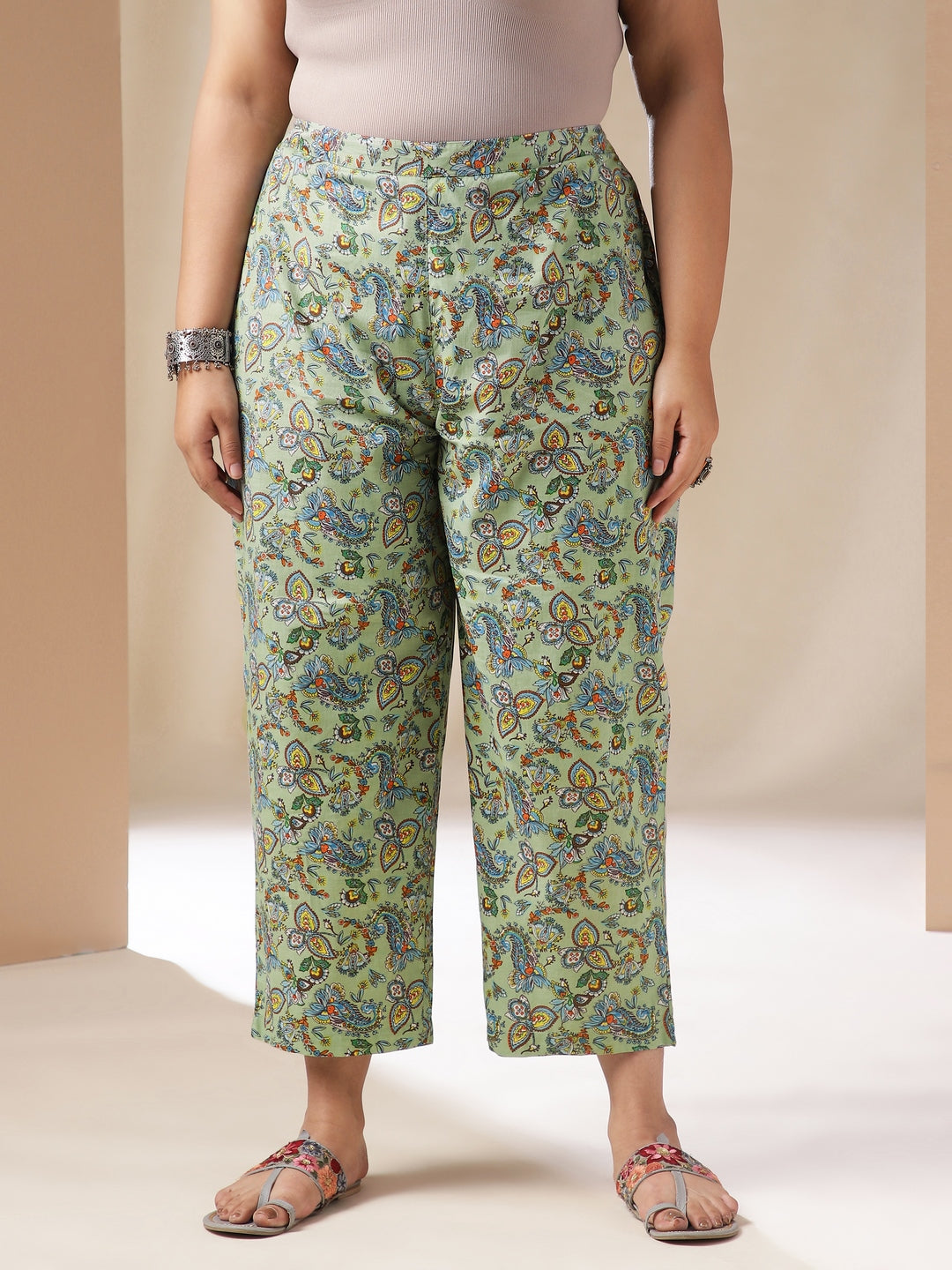 Janasya Straight Cambric Sage Ethnic Motifs V-Neck Co-Ords | Grocsy