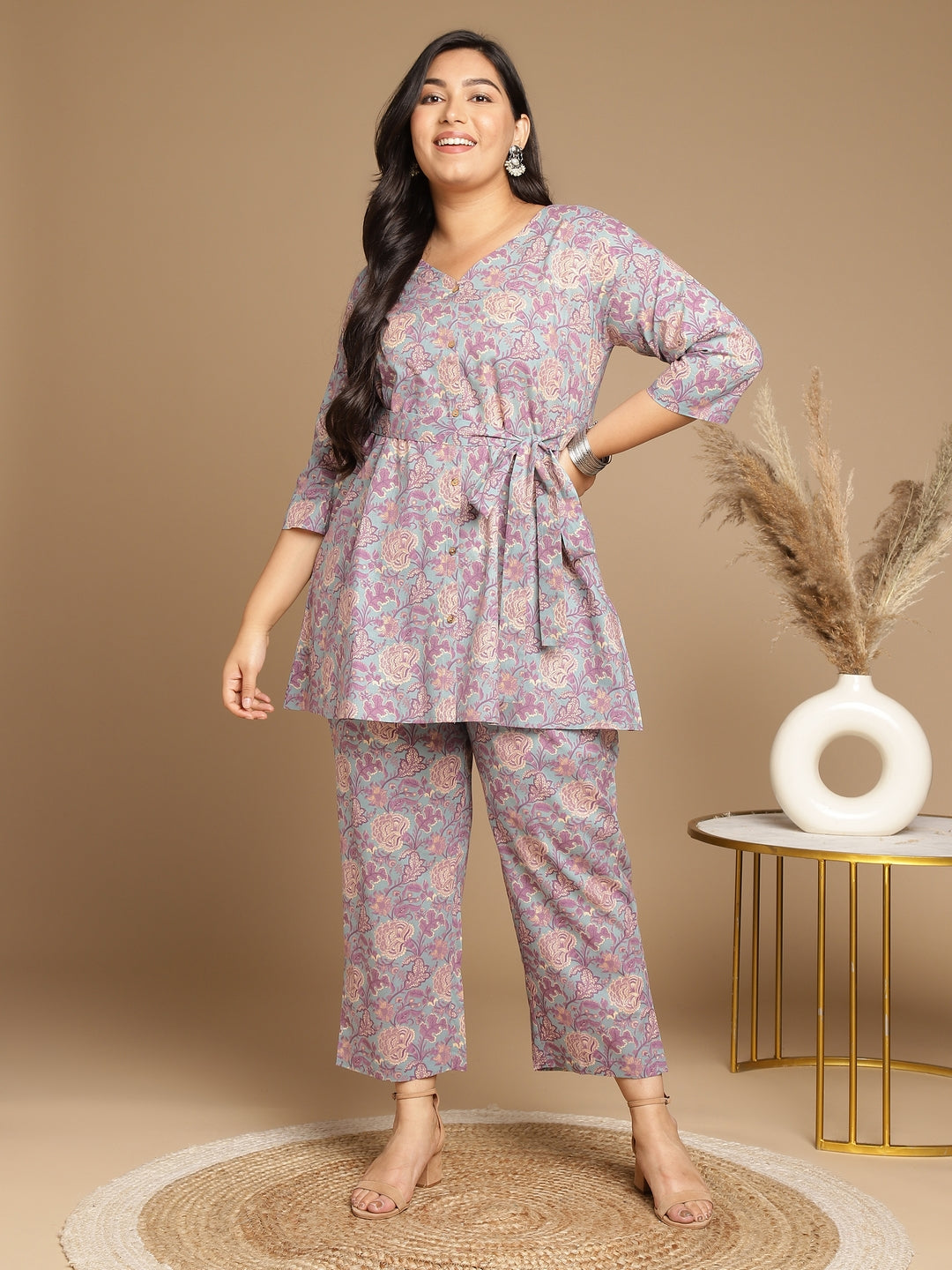 Janasya A-Line Cambric Grey - V-Neck Co-Ords | Grocsy