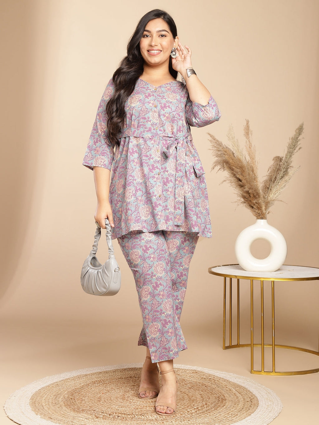Janasya A-Line Cambric Grey - V-Neck Co-Ords | Grocsy