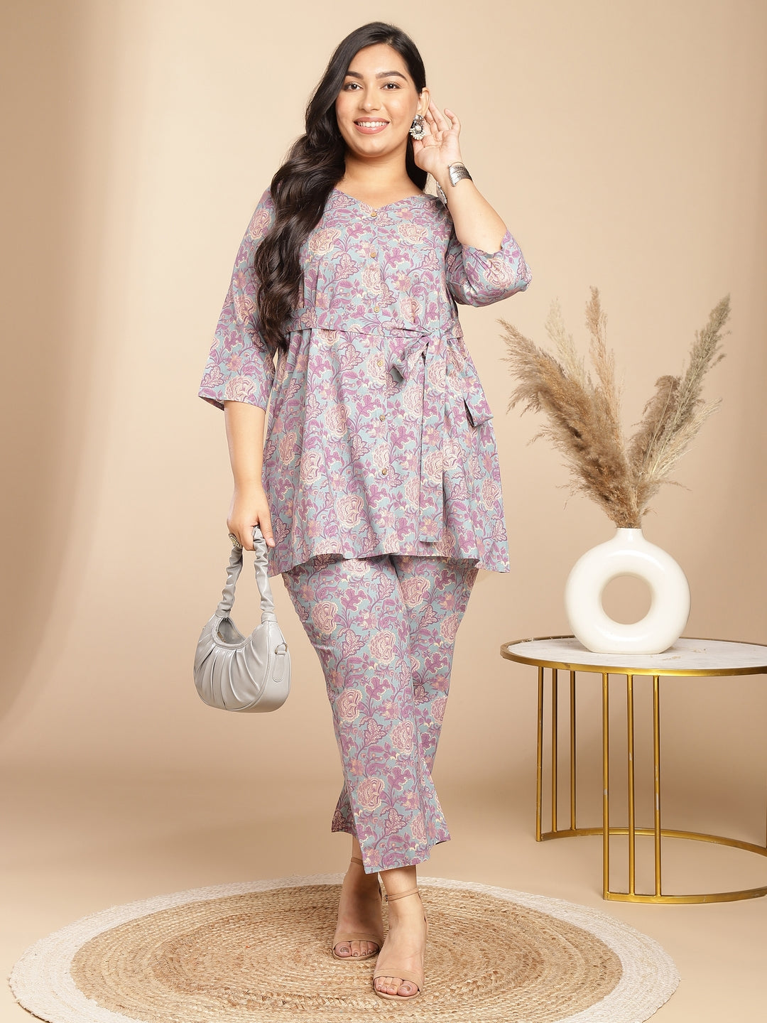 Janasya A-Line Cambric Grey - V-Neck Co-Ords | Grocsy