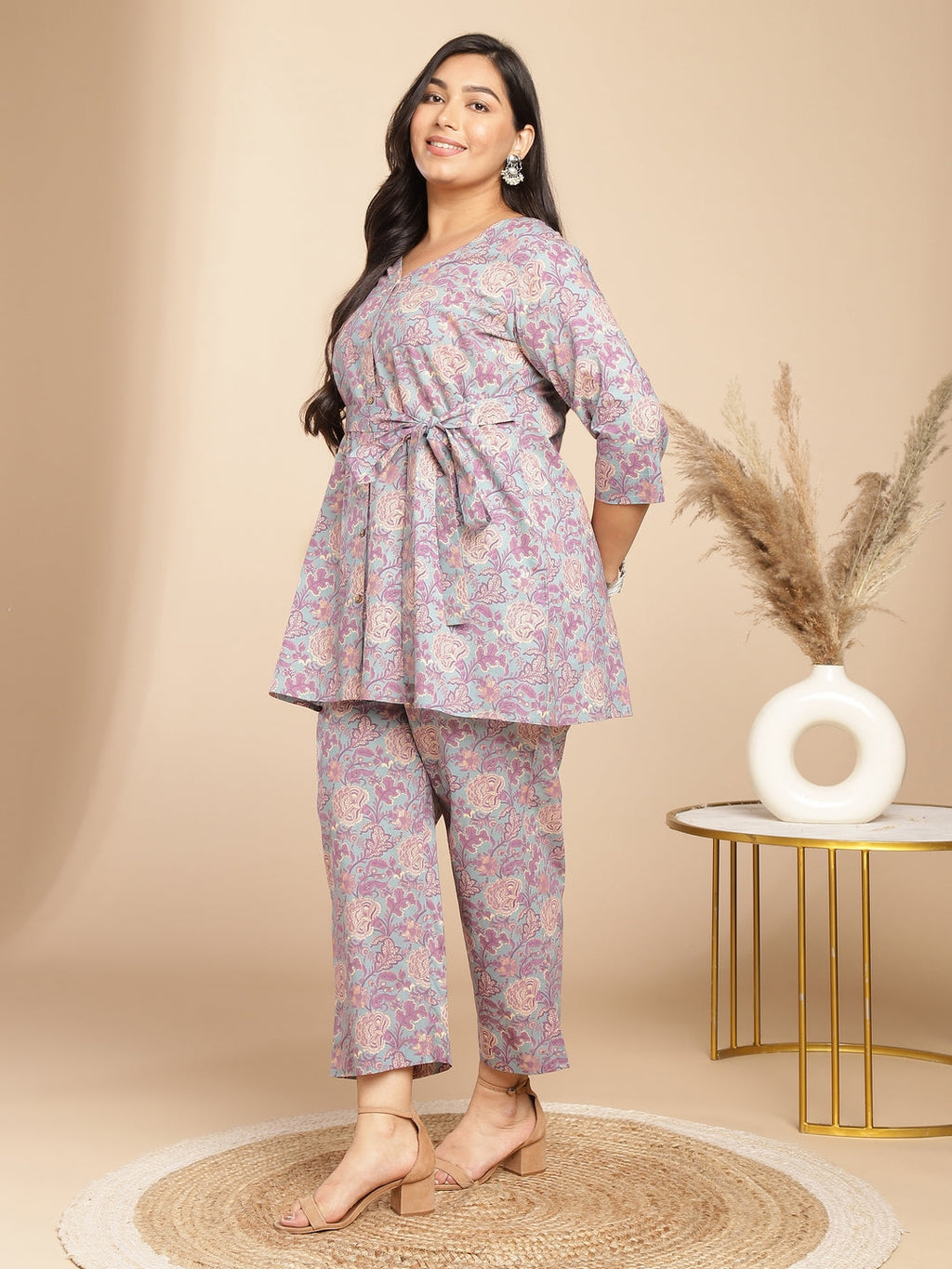 Janasya A-Line Cambric Grey - V-Neck Co-Ords | Grocsy