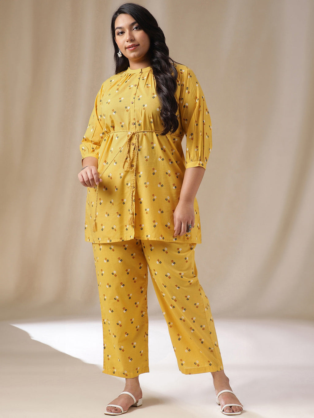 Janasya Regular Cambric Mustard Geometric Band Collar Co-Ords | Grocsy