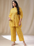 Janasya Regular Cambric Mustard Geometric Band Collar Co-Ords | Grocsy