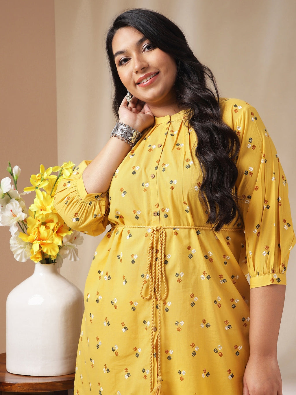 Janasya Regular Cambric Mustard Geometric Band Collar Co-Ords | Grocsy