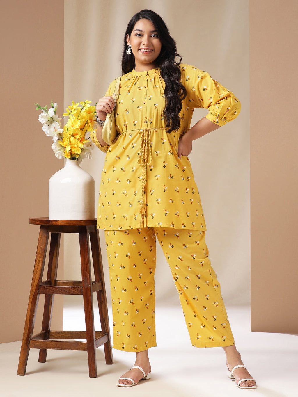 Janasya Regular Cambric Mustard Geometric Band Collar Co-Ords | Grocsy