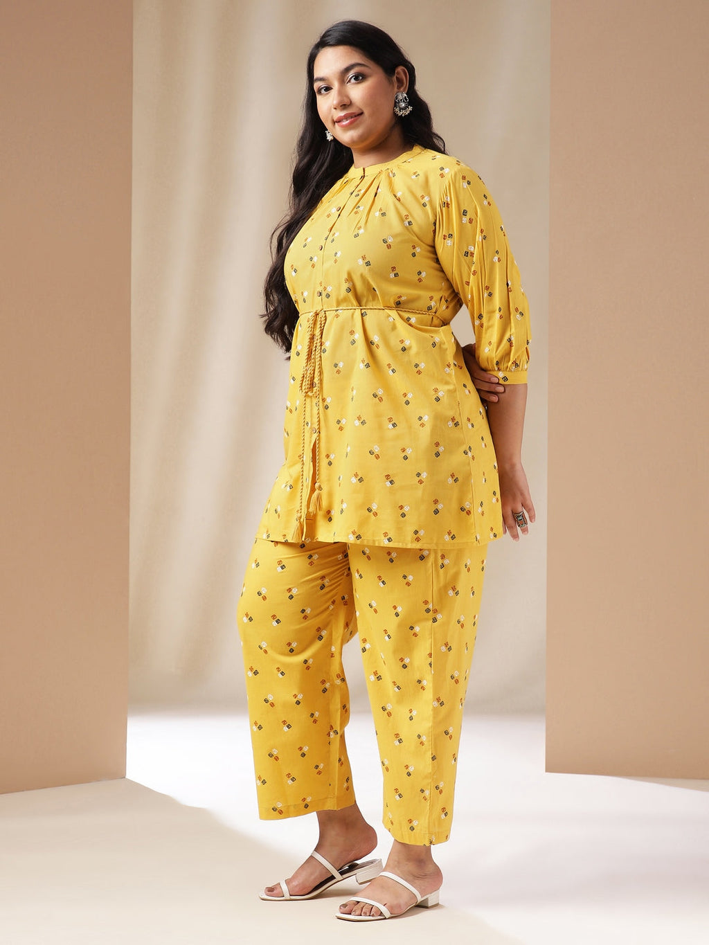 Janasya Regular Cambric Mustard Geometric Band Collar Co-Ords | Grocsy
