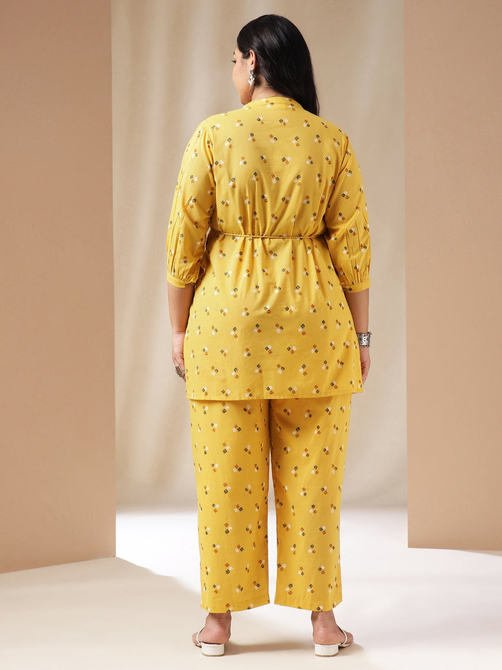 Janasya Regular Cambric Mustard Geometric Band Collar Co-Ords | Grocsy
