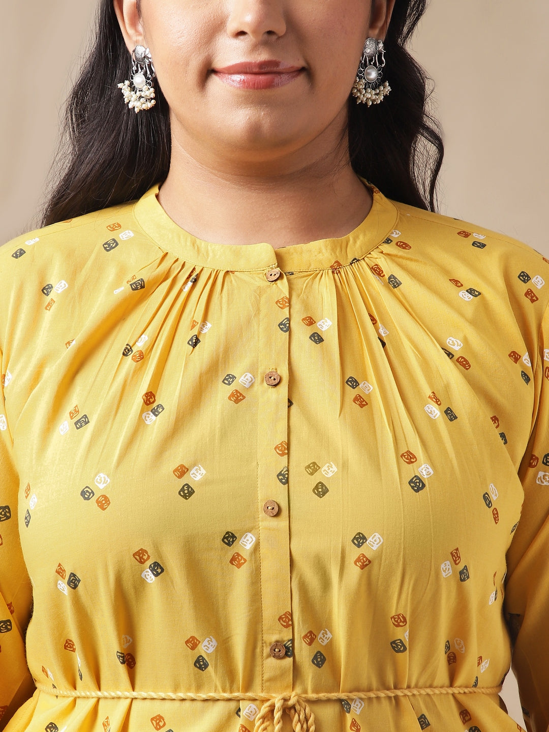 Janasya Regular Cambric Mustard Geometric Band Collar Co-Ords | Grocsy