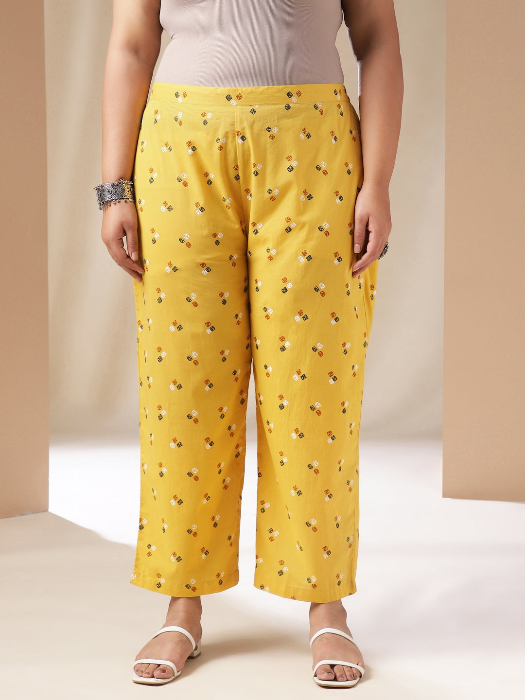 Janasya Regular Cambric Mustard Geometric Band Collar Co-Ords | Grocsy