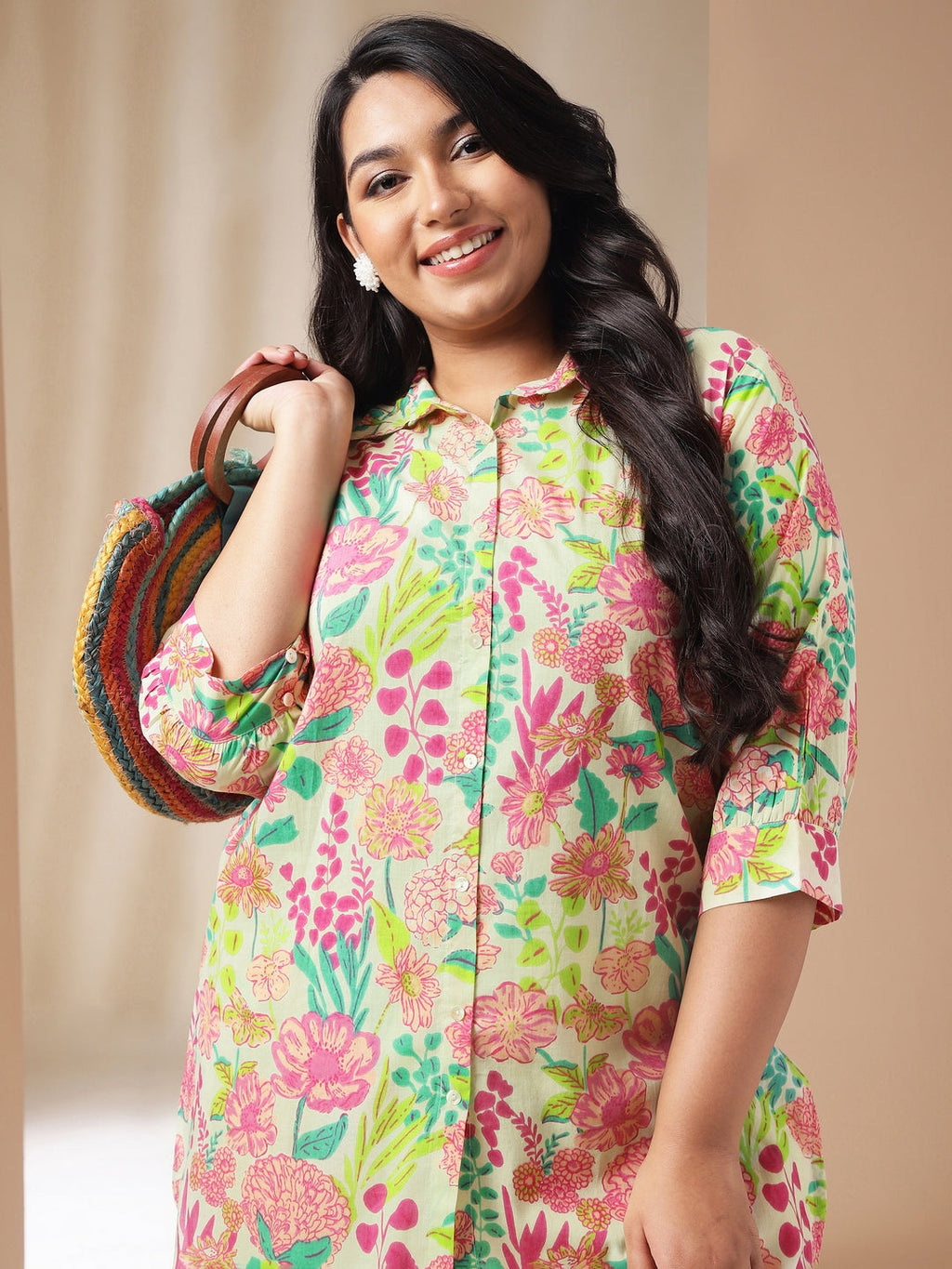 Janasya Regular Cambric Beige Floral Collar Co-Ords | Grocsy