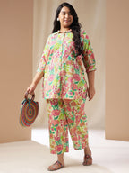 Janasya Regular Cambric Beige Floral Collar Co-Ords | Grocsy